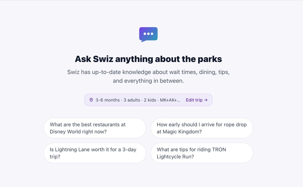 Ask Swiz chat interface with suggested question chips and trip context