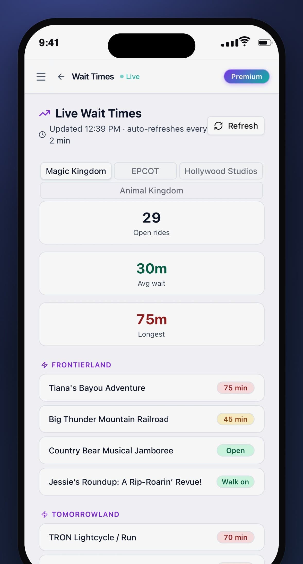 ParkSwiz iPhone screenshot: Wait times