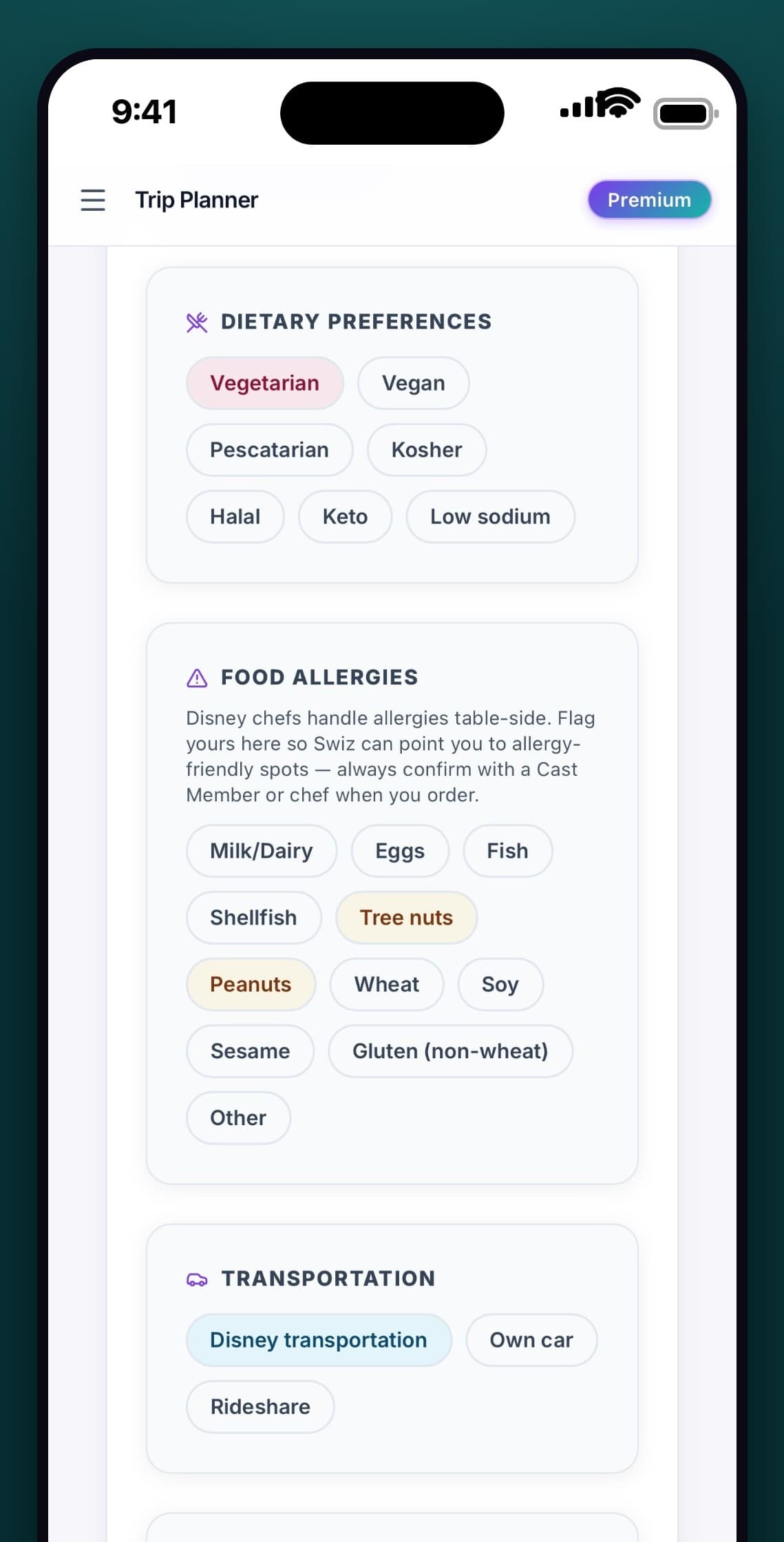 ParkSwiz iPhone screenshot: Special diets