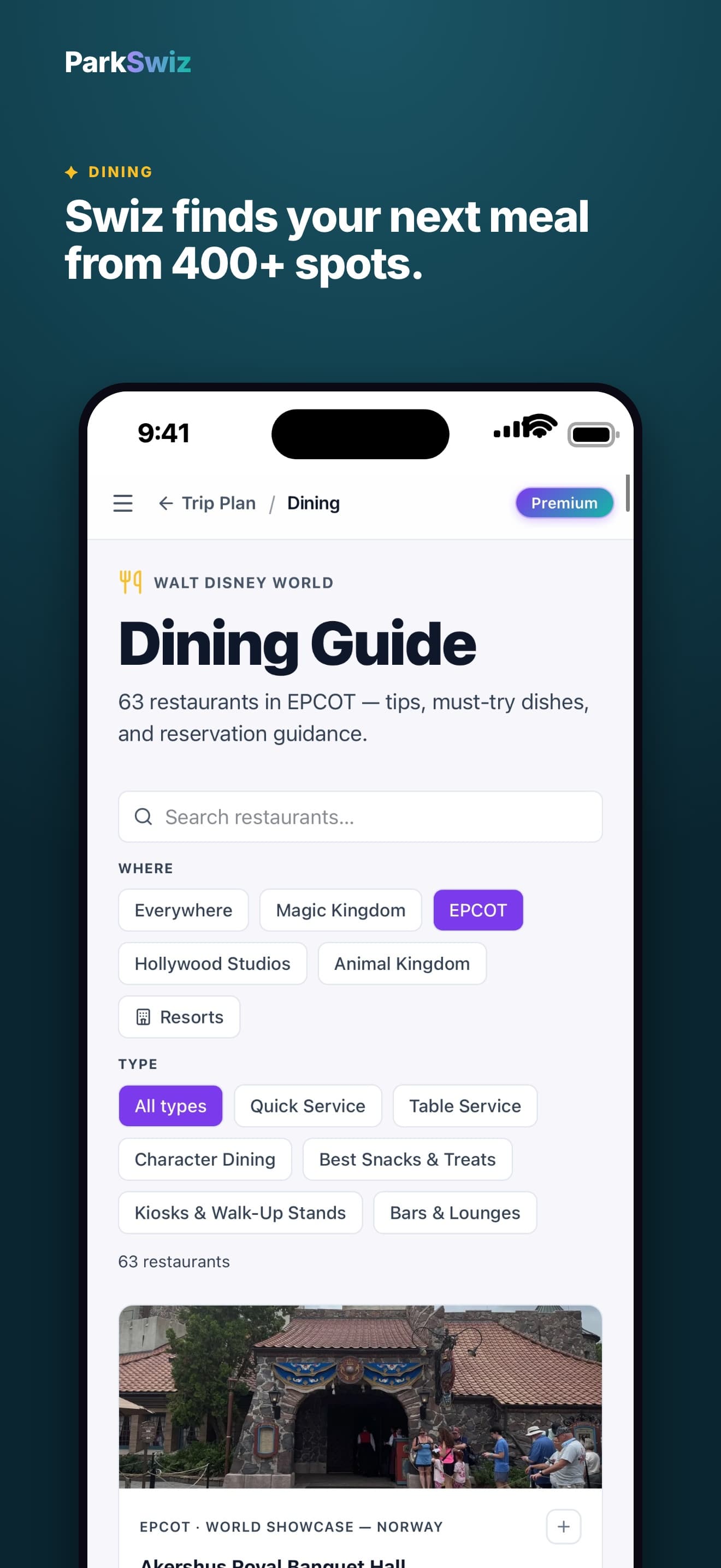 ParkSwiz iPhone screenshot: Dining