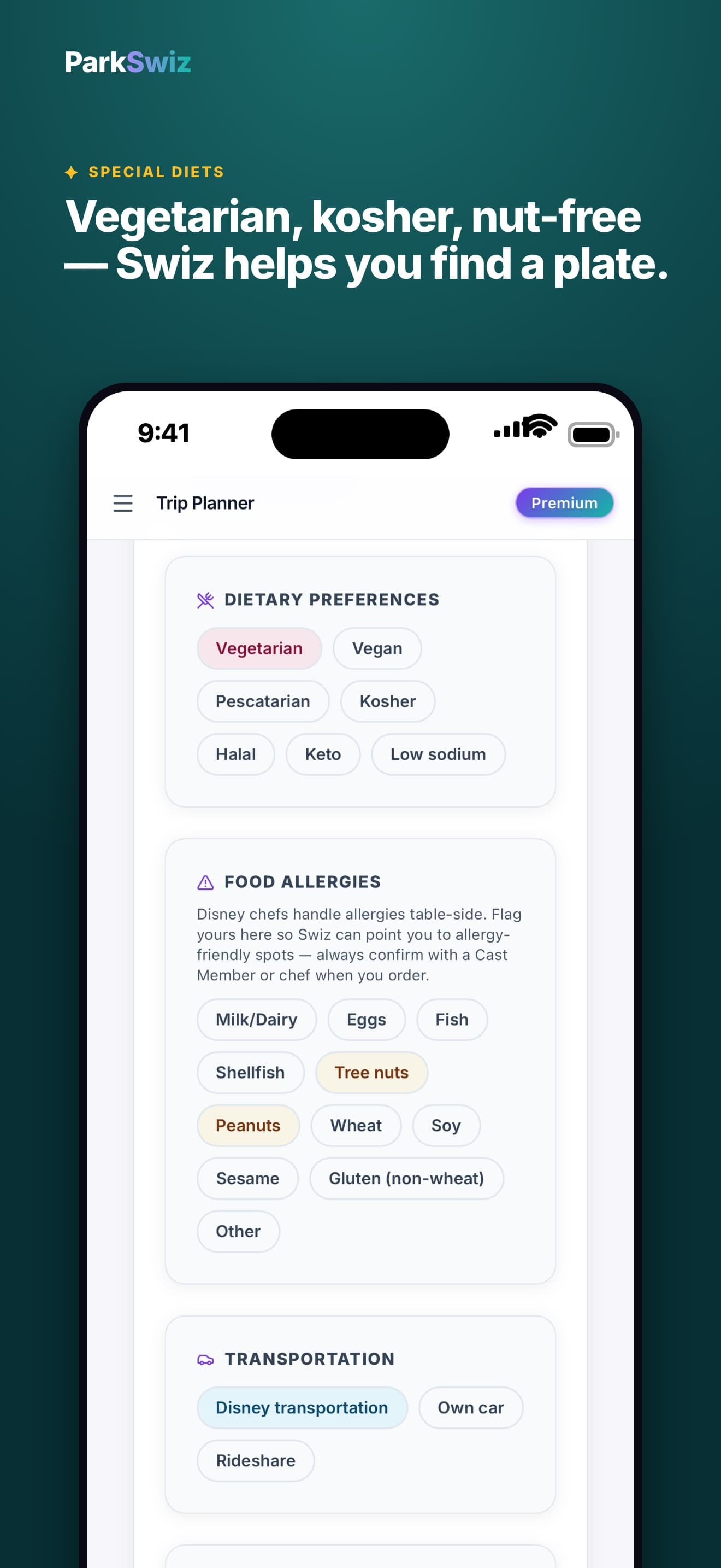 ParkSwiz iPhone screenshot: Special diets