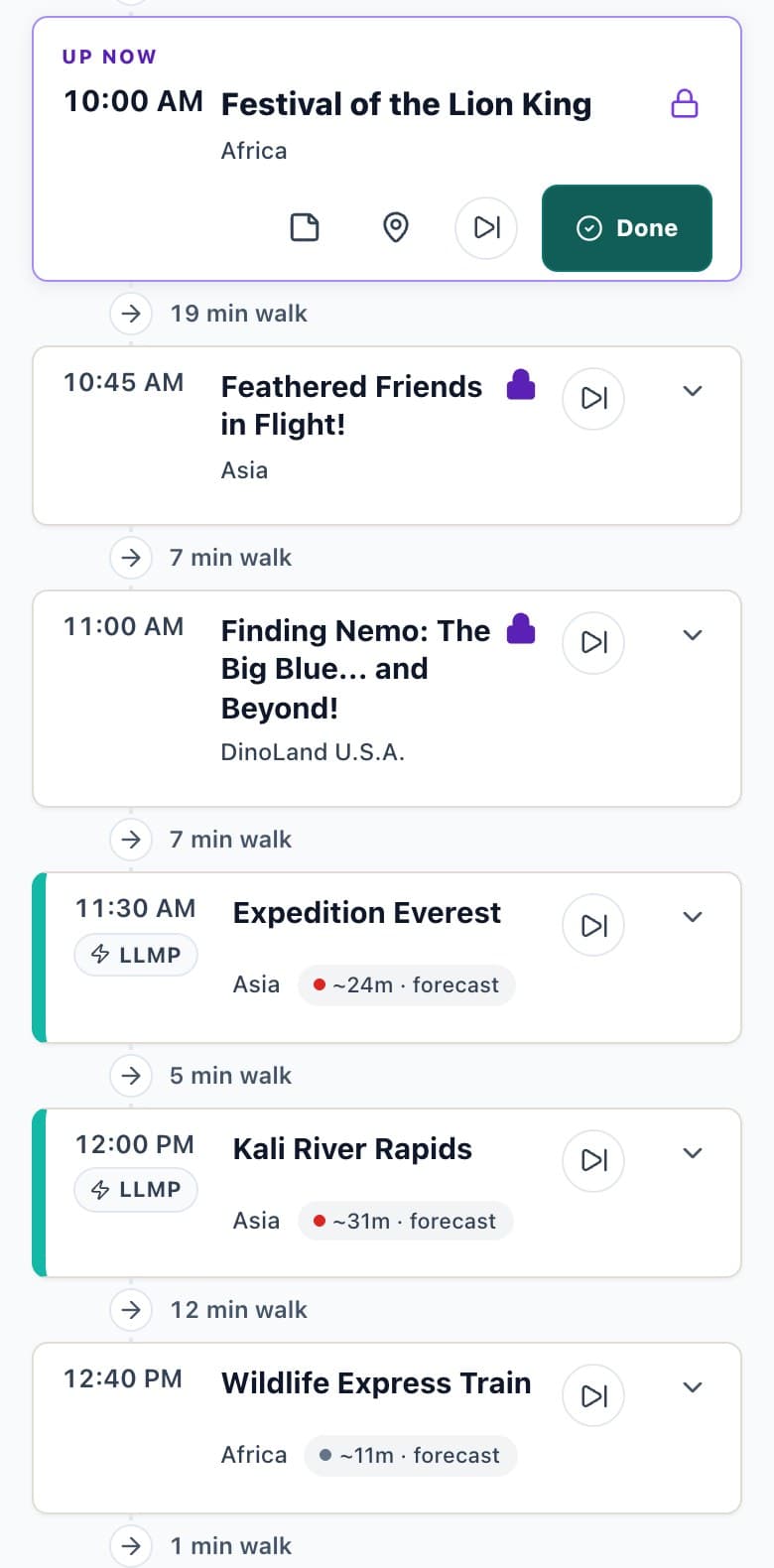 A ParkSwiz day plan for Animal Kingdom, shown on a phone