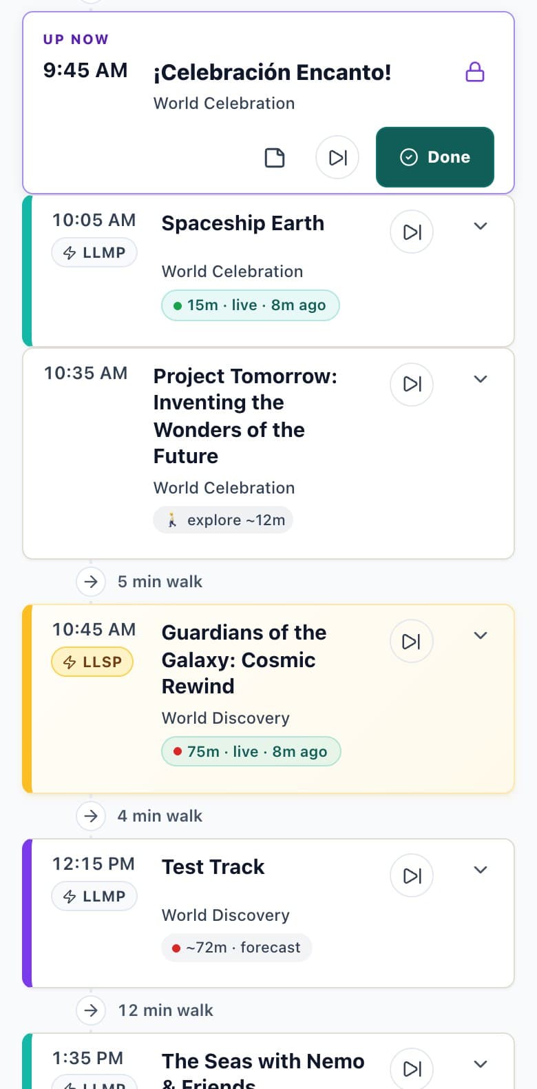 A ParkSwiz day plan for EPCOT, shown on a phone