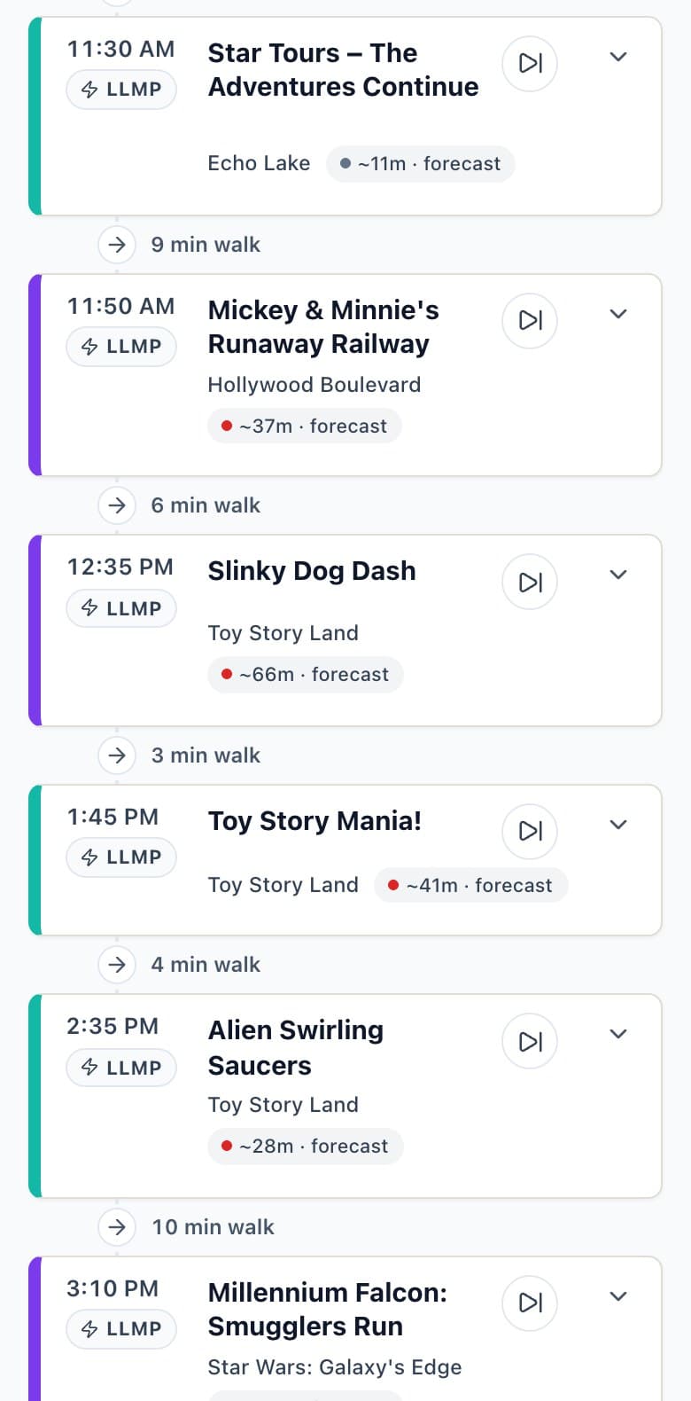 A ParkSwiz day plan for Hollywood Studios, shown on a phone