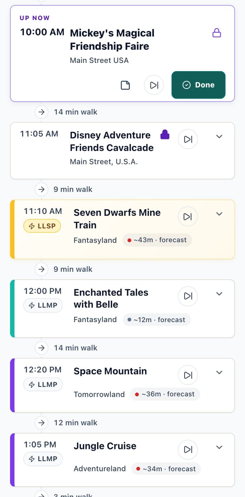 A ParkSwiz day plan for Magic Kingdom, shown on a phone