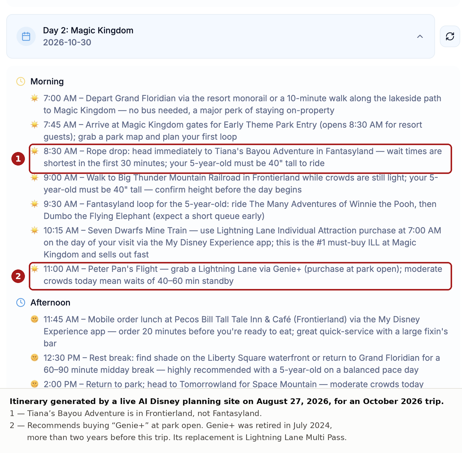 AI-generated Disney itinerary from August 2026 recommending the retired Genie+ system for an October 2026 trip and placing Tiana's Bayou Adventure in Fantasyland instead of Frontierland, with the errors highlighted